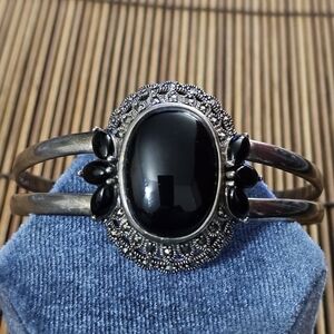 925 Silver Onyx Marcasite Cuff Bracelet (Vintage)